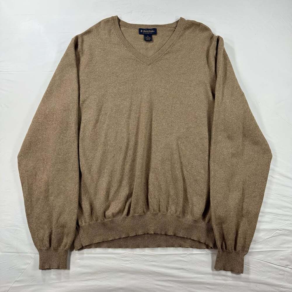 Vintage Brooks Brothers Mens V-Neck Sweater Large Tan Merino Wool Blend Pullover